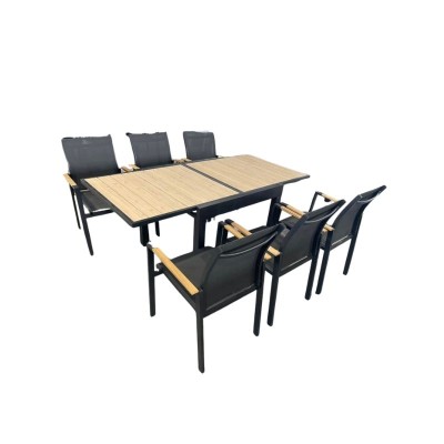 Bộ bàn ghế ăn khung nhôm đen, mặt bàn màu vàng giả gỗ