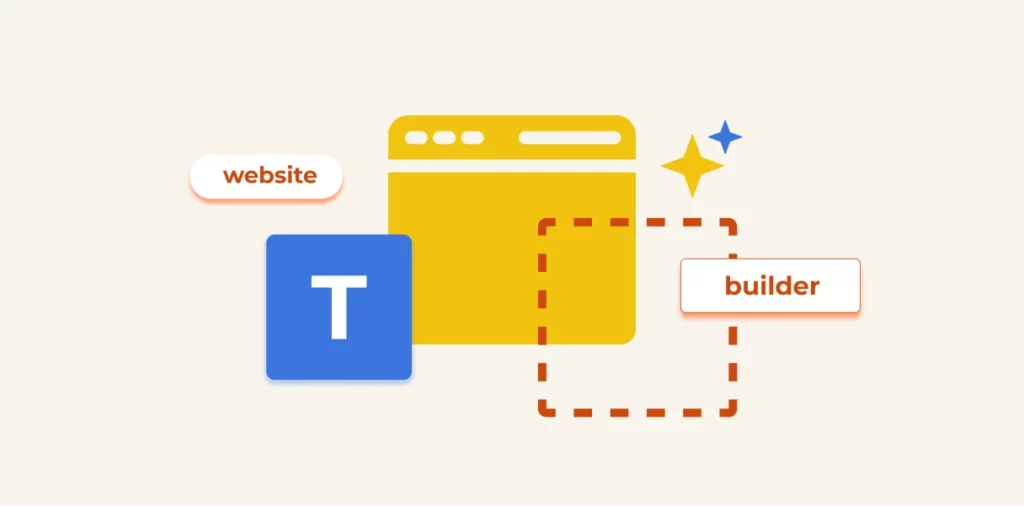 Cover image for '10 Best Website Builders to Launch Your Site in Minutes' with a yellow browser window icon in the center, a blue square with a white 'T' on the left, and an orange dashed square outline with star icons on the right.