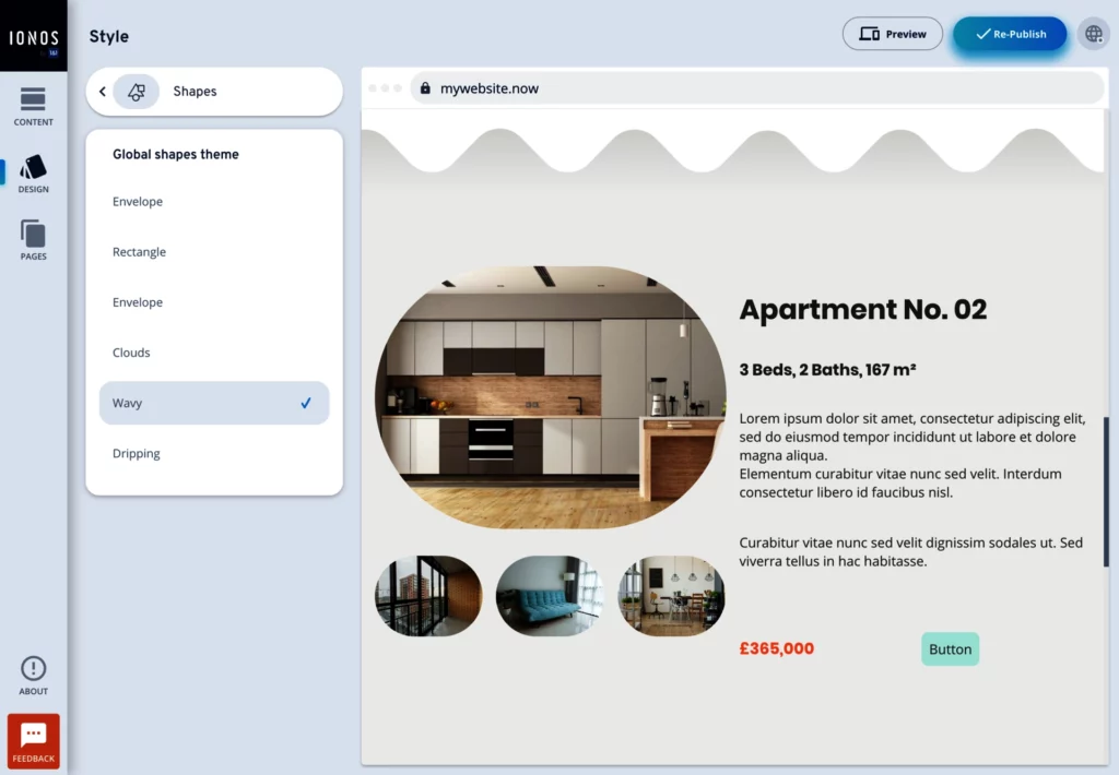 IONOS website builder interface showing the editing screen for a real estate listing. The listing is for 'Apartment No. 02' with details like '3 Beds, 2 Baths, 167 m²' and a price of '€386,000.' The central panel displays placeholder text and images of the apartment's interior in circular frames. The left sidebar includes options for editing shapes, and the top right has buttons for previewing or publishing.