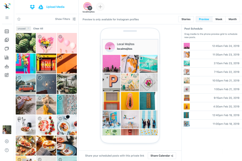Later social media management tool displaying an Instagram profile preview. The interface shows various colorful images in a grid format on the left side, with options to upload media and apply filters. The central section features a smartphone mockup showing the Instagram profile 'localmojitos' with multiple posts. 