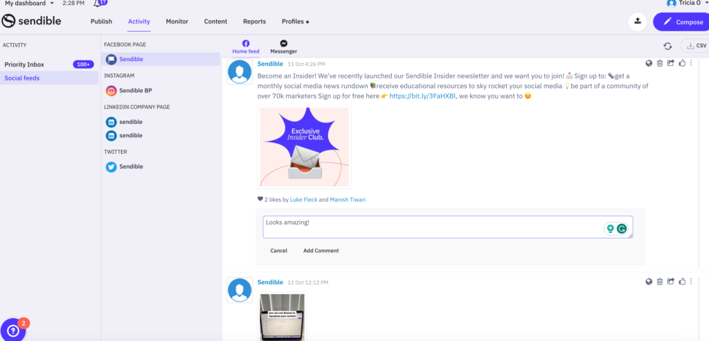 Sendible social media post announcing the launch of the Sendible Insider newsletter, encouraging sign-ups. The post includes an image with the text 'Exclusive Insider Look.' Below the main post, there is a comment saying, 'Looks amazing!'