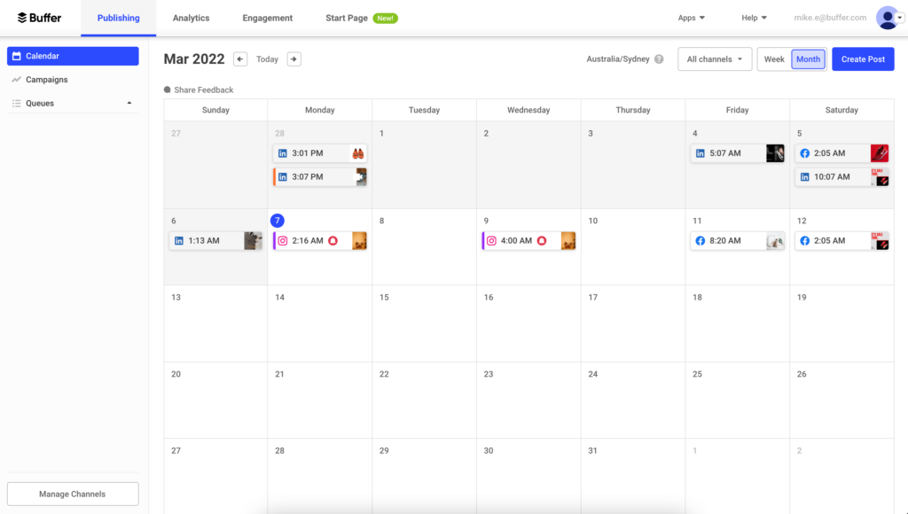 Buffer calendar view, showing scheduled posts with their times and icons on different dates. The interface includes options for viewing by week or month, creating a post, and navigating between different channels and accounts.