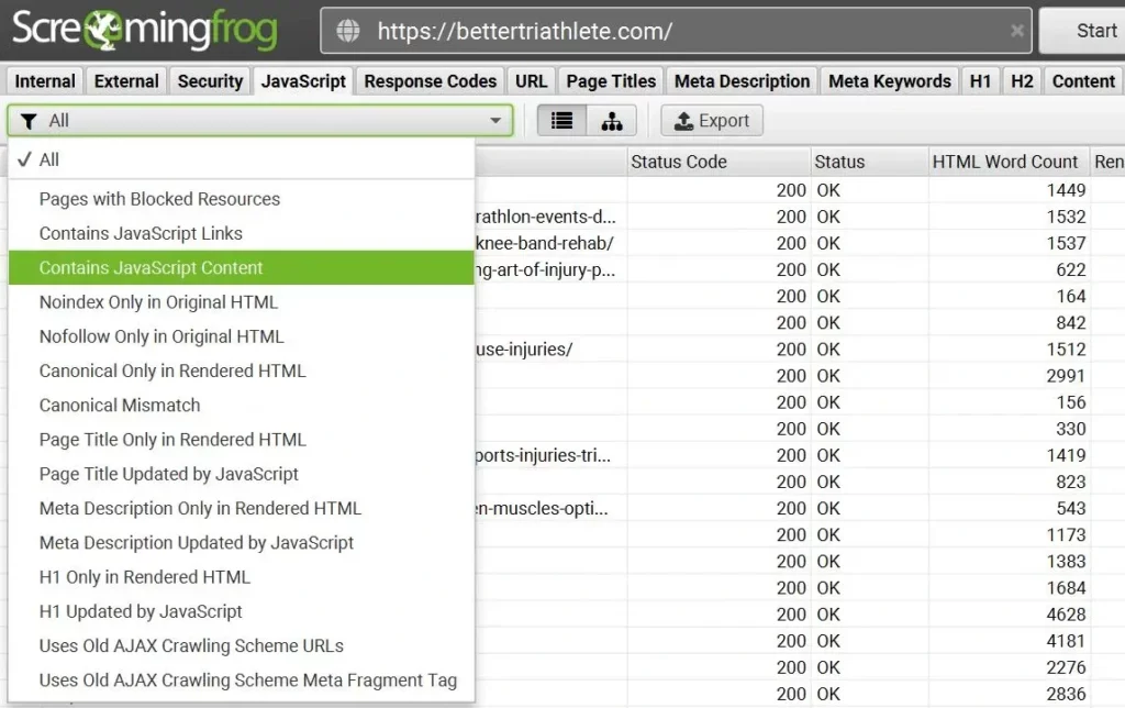 Screaming Frog SEO Spider dashboard displaying a list of URLs with status codes and statuses, all showing "200 OK". The left sidebar highlights "Contains JavaScript Content".