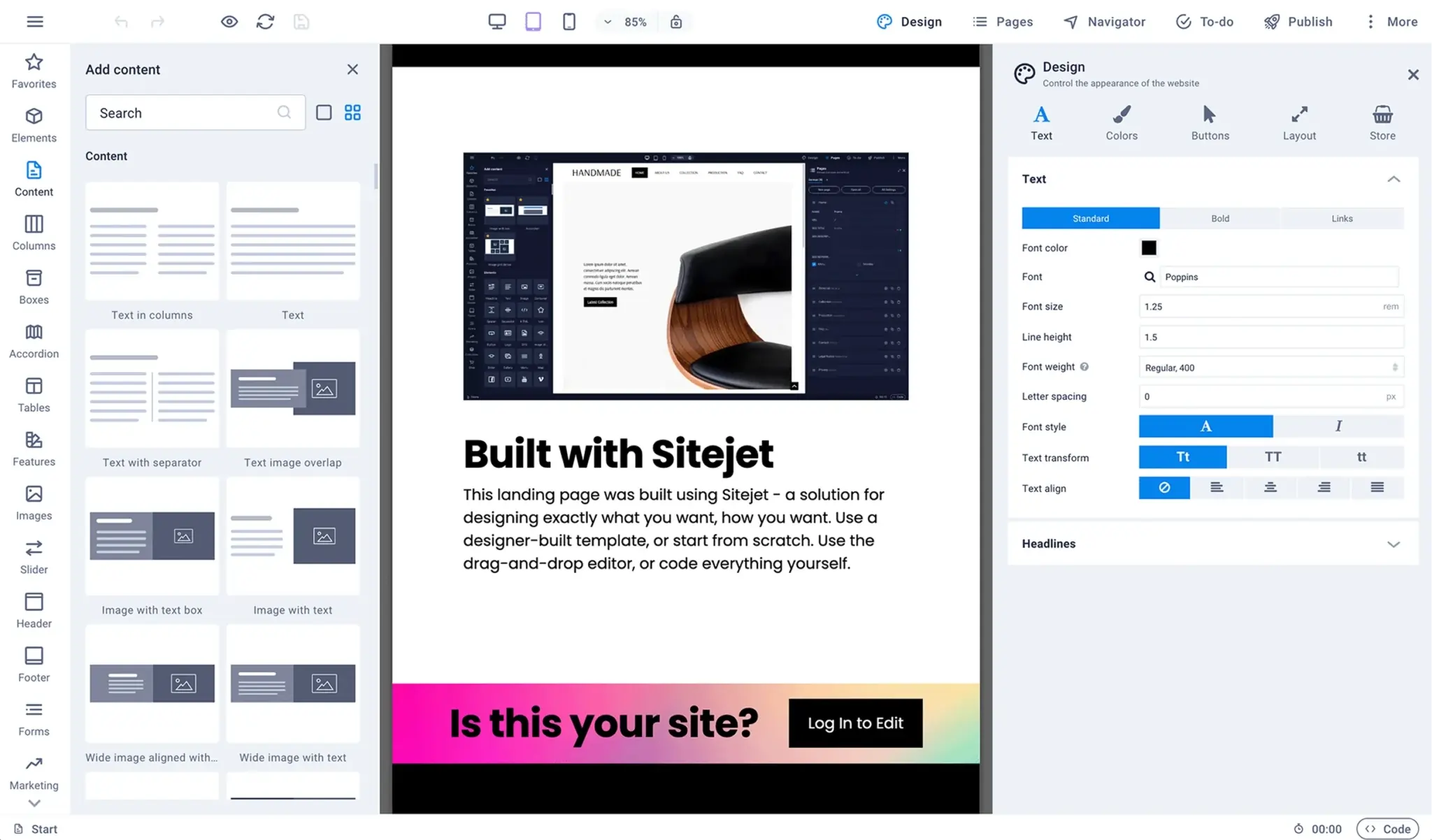 Sitejet website builder templates dashboard in cPanel